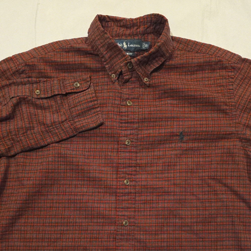 Ralph Lauren Men's Custom Fit Red Blue Plaid‎ Button-Down Long Sleeve Shirt XL